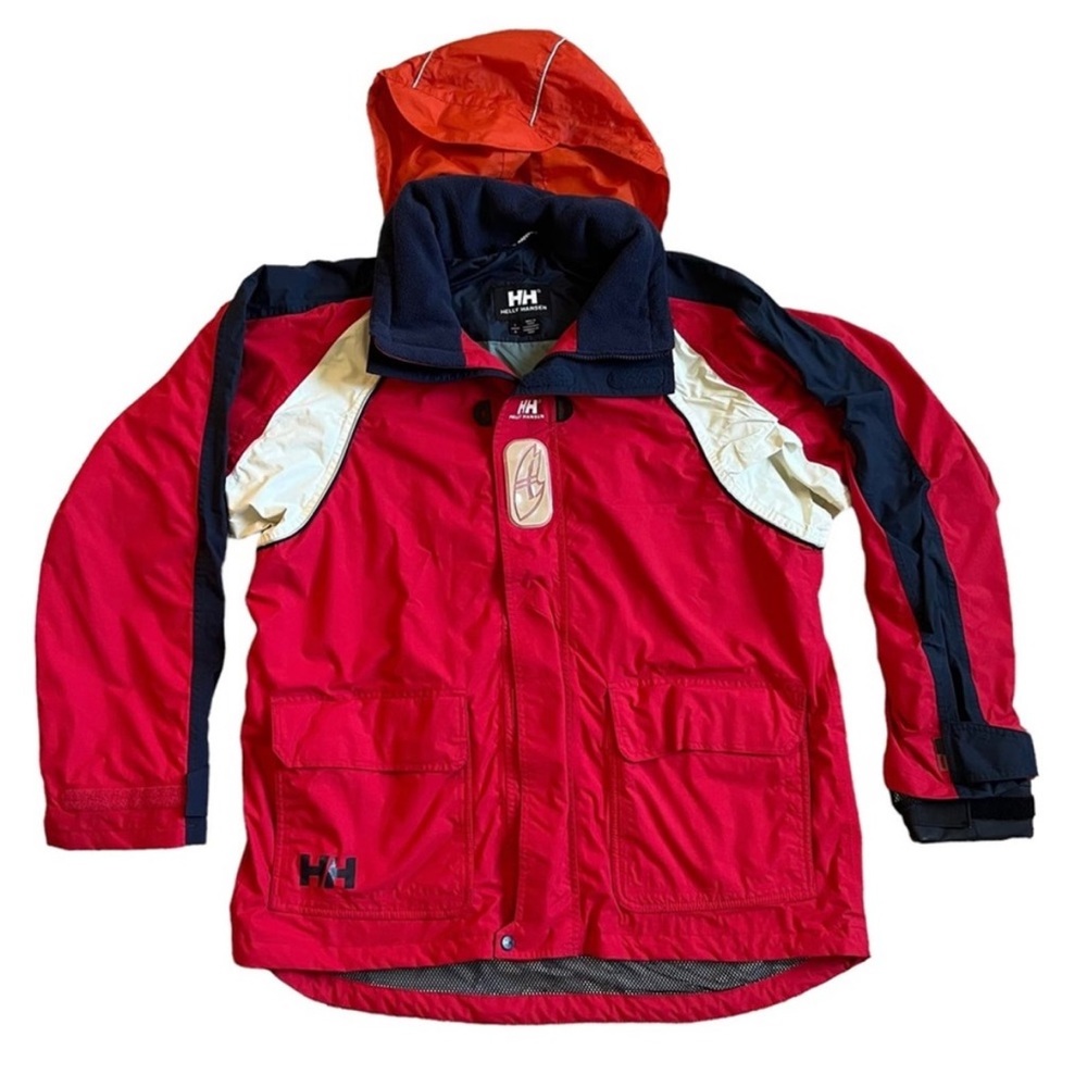 Helly Hansen Mens Vintage 90s Hooded Ski Snowboard Winter Zip Up Red White Coat
